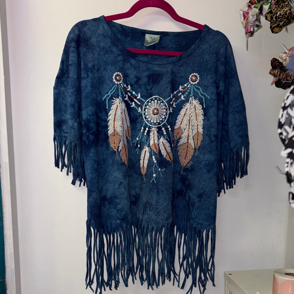 Fringe Hem Dreamcatcher Tee - Blue